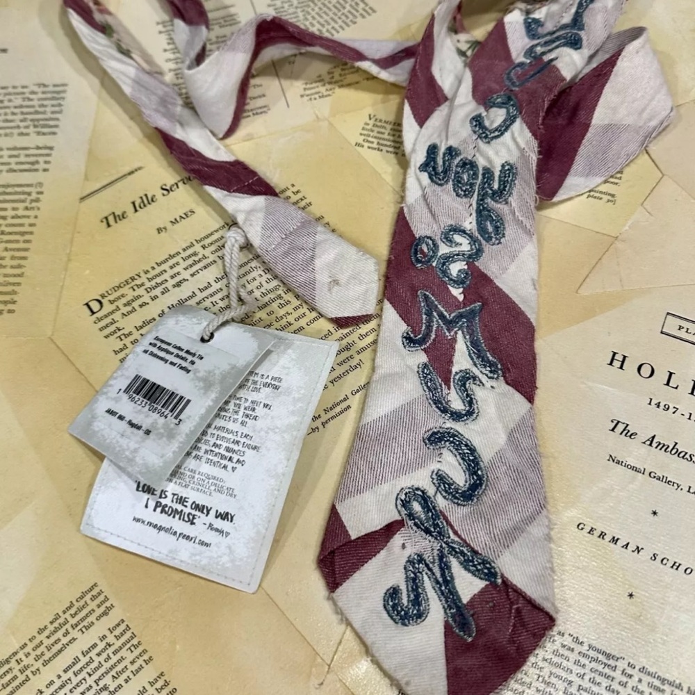 Magnolia Pearl Monty Tie Jabot "Love You So Much" Embroidered Red Tan Stripe - Picture 5 of 6